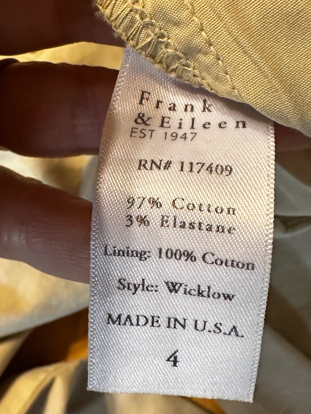 Frank and Eileen WICKLOW Size 4 Italian Chino Pants Khaki Retail $288 Cotton - Picture 9 of 13